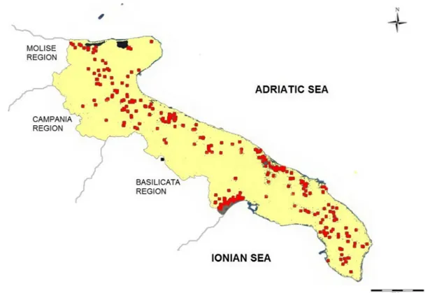 Fig. 2 Distribution of monitored wells in Apulia, southern Italy