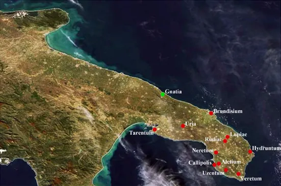 Fig. 1. Le città della Calabria romana; A N, Gnatia in Apulia.