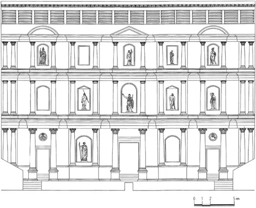 Fig. 8. Lupiae, teatro romano: ipotesi di ricostruzione della scaenae frons (da Mannino, 1999).