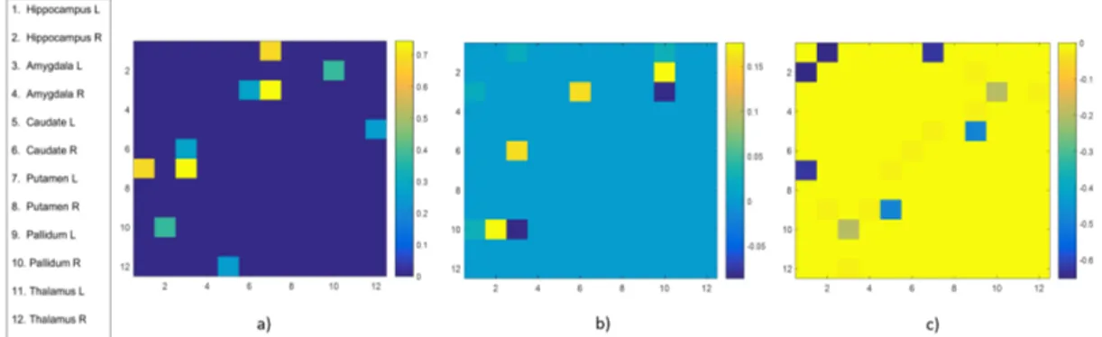 Figure 3. Heat map visualization of the relative differences between the mean values of the significant region pairs in the healthy controls (HC) and AD group for the three cases: (a) W sub , (b) G (W sub ) and (c) [G(W)] sub 