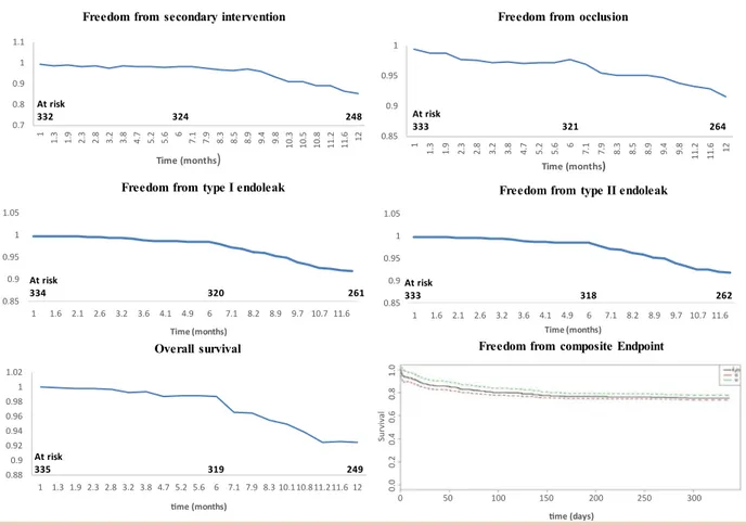 Fig. Kaplan-Meier curves of the secondary intervention, stent occlusion, type I endoleaks, type II endoleaks, and composite end point