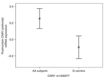 Figure 1 Association between CNR1 rs1406977 and postmortem CNR1 prefrontal mRNA expression.