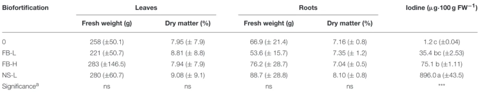 TABLE 2 | Fresh weight and dry matter percentage in leaves and roots and iodine concentration in roots—greenhouse.