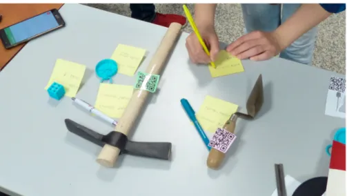 Figure 1. Tangible system: tangible attributes, post-it notes and a mobile phone are used to deﬁne custom attributes for a smart trowel
