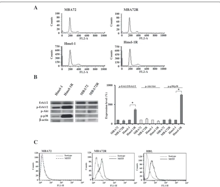 Figure 1 Determinants of resistance to vemurafenib. A. Cell cycle progression of the two pair of cells, MBA72/ MBA72R and Hmel-1/Hmel-1R, were determined as described in M&amp;M section