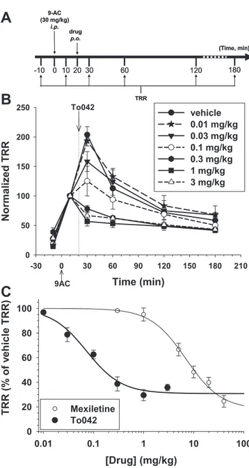 Fig. 5. In vivo effects of tocainide derivatives in a rat model of myotonia. (A) Experi- Experi-mental protocol