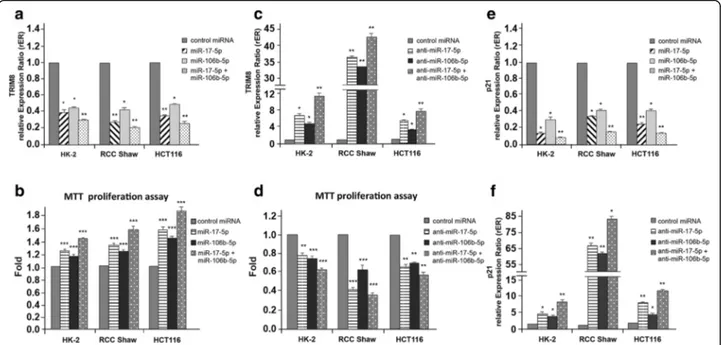 Fig. 3 Effects of overexpression/silencing of miR-17-5p and miR-106b-5p on TRIM8 and p21 expression and cell proliferation