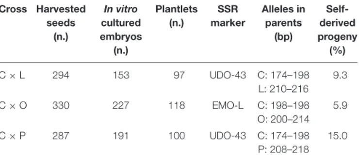 TABLE 7 | For each controlled crosses, the numbers of collected seeds, in vitro cultured embryos, recovered plantlets, and the number of identified self-derived progenies are shown.
