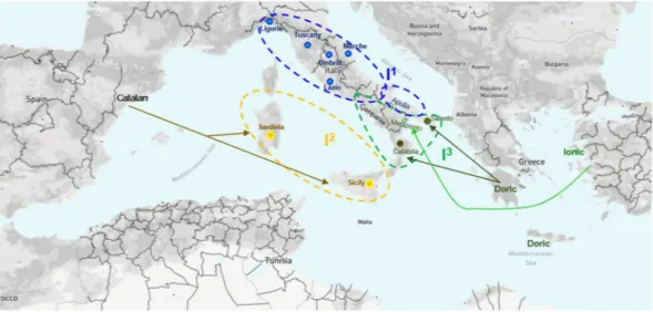 Figure 6.  Geographical distribution on Italian territory of three main gene pools we identified via GBS-derived 