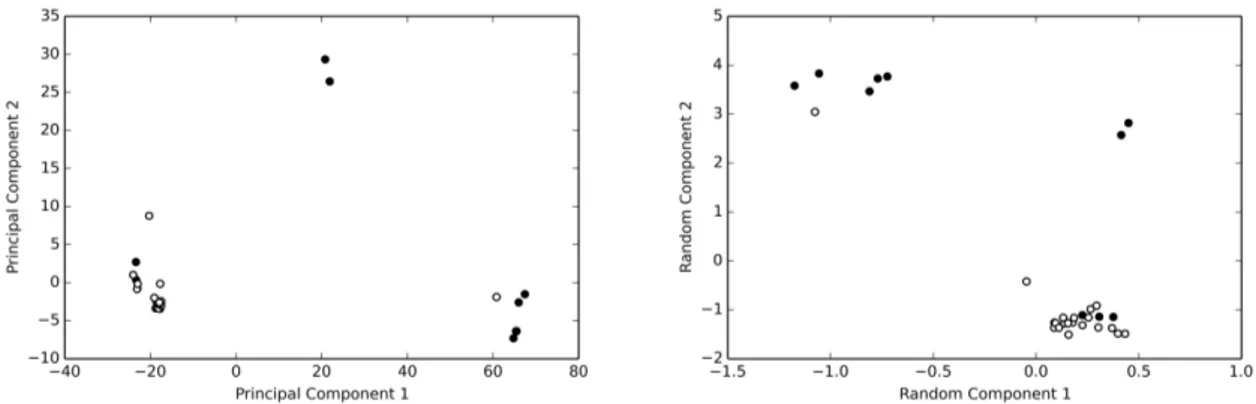 Figure 5. The human hemoglobin data set. Principal component analysis (left panel) and random projection analysis (right panel) are reported of the normalized data set containing the hemoglobin tetramers