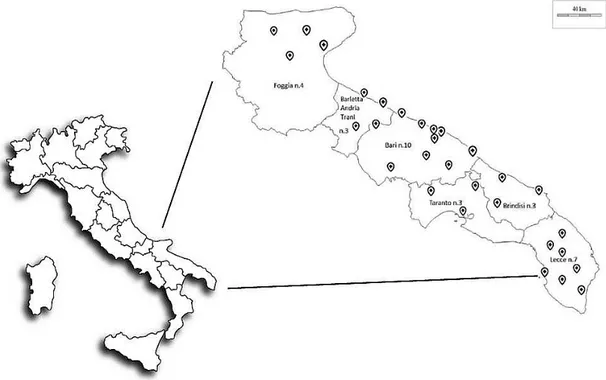 Figure 1. Location of the 30 enrolled hospitals in Apulia, Southern Italy. 