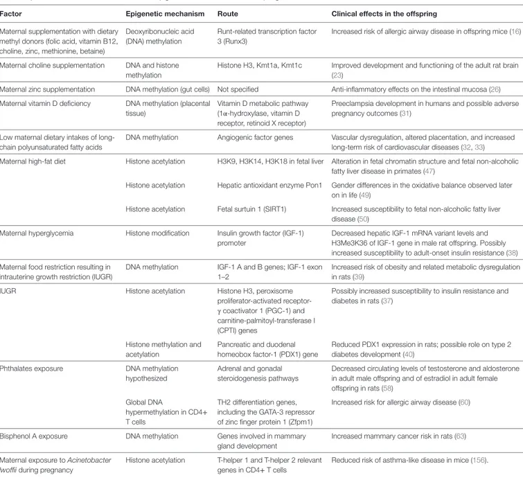 TABLe 1 | Main antenatal factors associated with epigenetic modifications in the offspring.