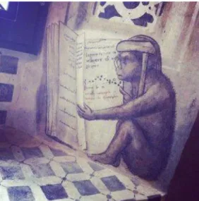 Fig. 7. Scimmia che legge, biblioteca Alberi, bottega di Luca Signorelli, duomo di Orvieto, 1501-1503