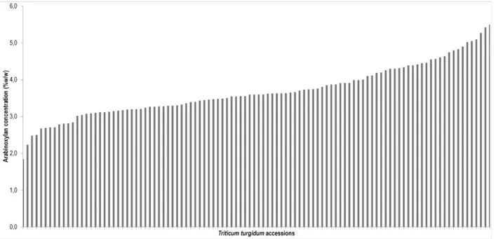 Fig 1. Arabinoxylan content evaluated in a collection of 104 Triticum turgidum genotypes