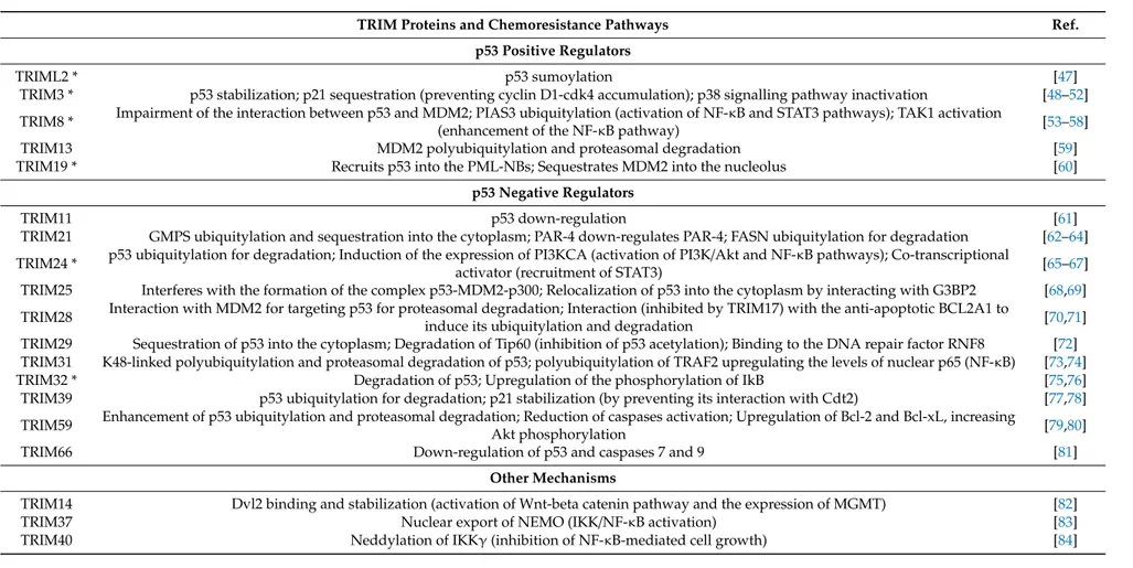 Table 1. TRIM proteins described in the manuscript are classified based on their capability to regulate positively or negatively p53, or to act by other p53-independent mechanisms
