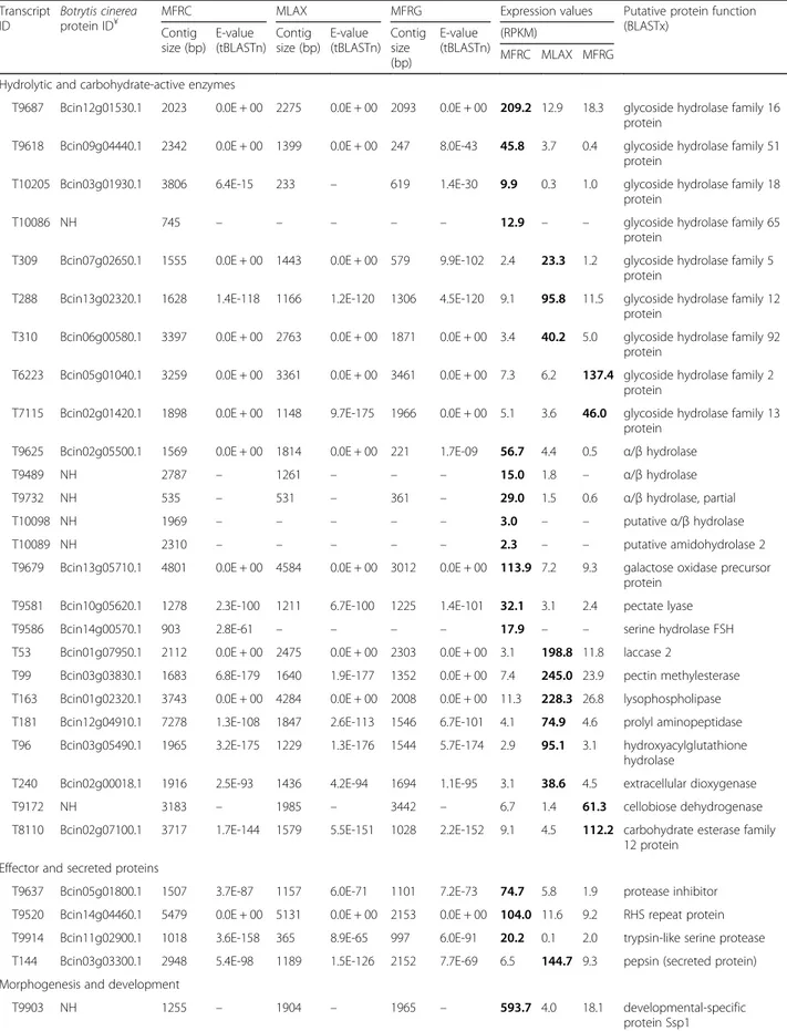 Table 5 Differentially expressed transcripts (DETs) identified in Monilinia fructicola (MFRC), Monilinia laxa (MLAX) and Monilinia fructigena (MFRG) Transcript ID Botrytis cinereaprotein ID¥