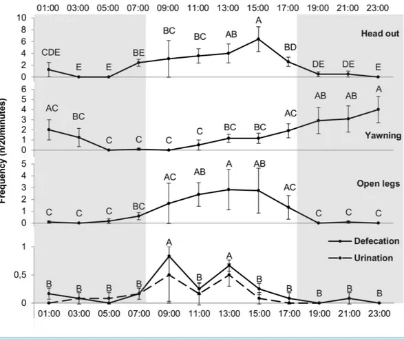 Figure 5 Frequency of different behavioral events (n /20 min) for each hour. Grey and white back-