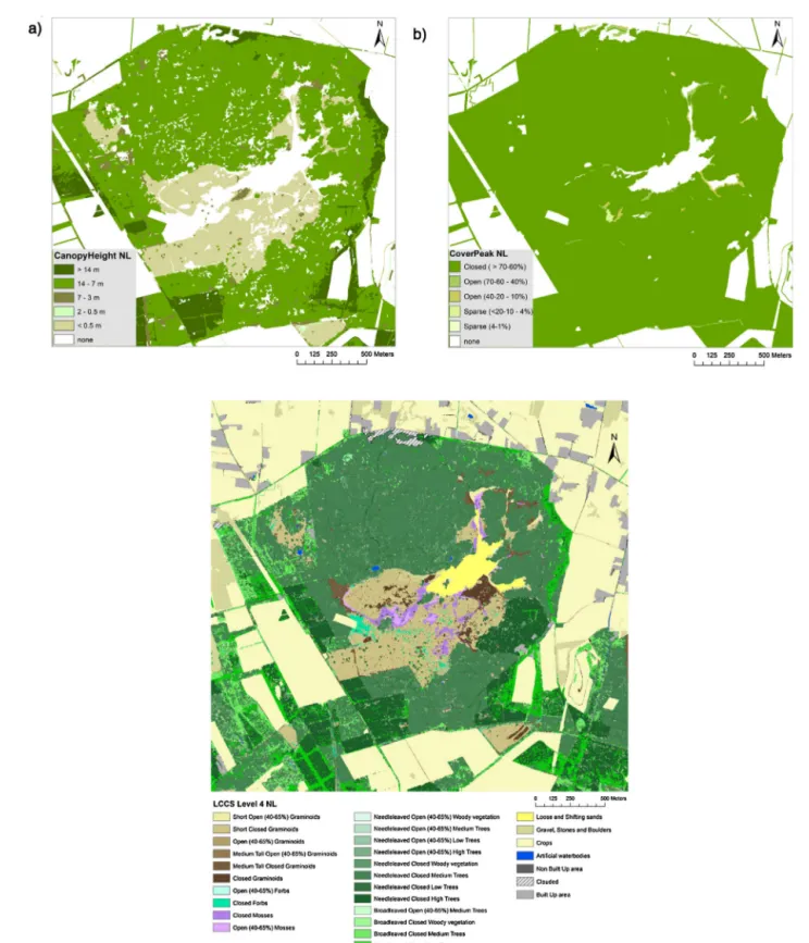 Fig. 6. Classiﬁcations of vegetation as a function of (a) height and (b) cover based on LIDAR and VHR optical data respectively and (c) the resulting LCCS classiﬁcation for Veluwe, the Netherlands.
