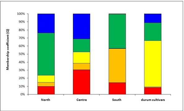 Figure 3. Membership coefficient (Q) mean of the Tunisian durum samples split according to the agro-ecological zones of sampling location (North, Center and South) and modern durum cultivars