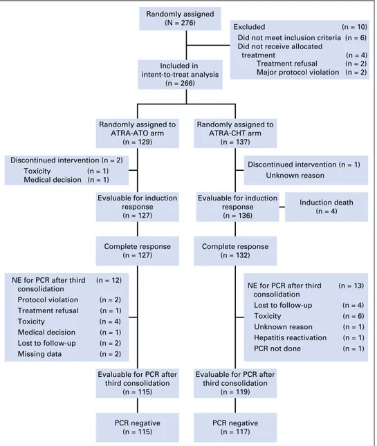 Fig 1. Study enrollment, random assign- assign-ment, and retention. ATO, arsenic trioxide; ATRA, all-trans-retinoic acid; CHT,  chemo-therapy; NE, not evaluable; PCR, polymerase chain reaction.