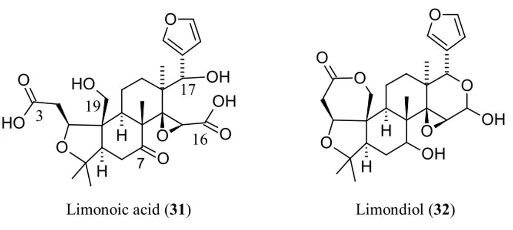 Figure 4. Structures of limonoic acid (31) and limondiol (32). 