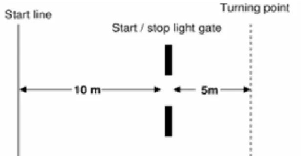 Fig. 1. Diagram of the 505 change of direction speed test. Participants perform the test as fast as possible from  the start line to the stop light gate (10 m speed test) and from the start to the turning point and back to the stop  light gate (505 COD tim