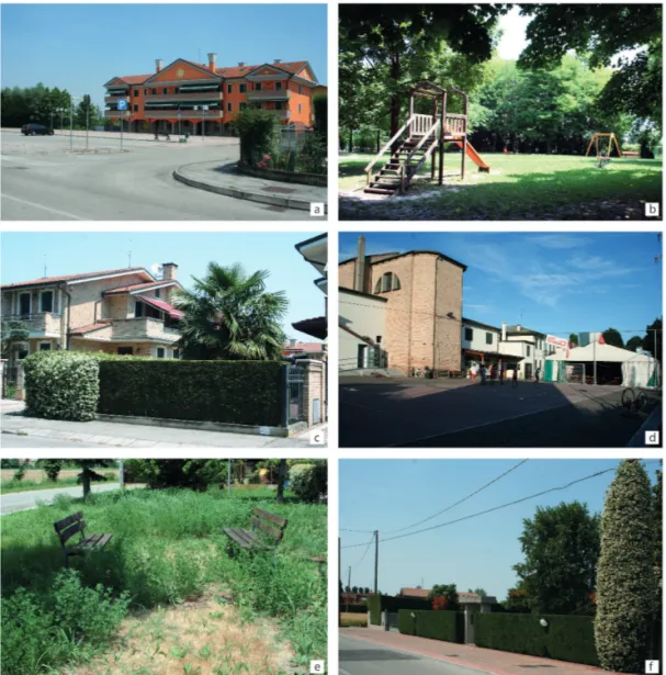 Fig. 2 – Spazi privati, pubblici e collettivi: a) e b) la piazza M. T. di Calcutta e il Parco, i  due spazi pubblici maggiormente citati nelle interviste; c) una casa privata; d) l’area dietro  alla chiesa, con il cosiddetto “baraccon”; e) panchine in uno 