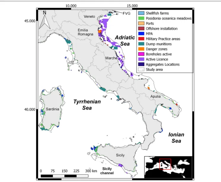 FIGURE 1 | Study area within the Italian EEZ and maps of anthropogenic and natural constraints: commercial harbor, shellfish farm, Posidonia oceanica meadows, Marine Protected Area (MPA), dredging, military practice area, danger zones, hydrocarbon extracti