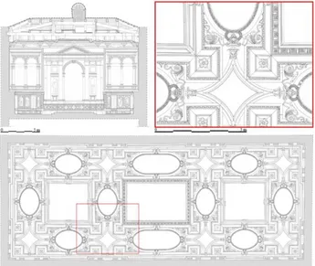 Figure 9. 2D digital representations of the Sala Capitolare  At the end of the digitisation phase, we realised four transversal  and  two  longitudinal  sections  and  the  ceiling’s  plan:  this  one  was  drawn  using  both  the  laser  scanning  point  