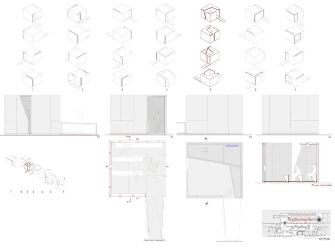 Figura  17.  Stanze  delle  testimonianze:  variazioni  sul  tema  del  volume  virtualmente  cubico  (©  Morpurgo  de  Curtis  ArchitettiAssociati).