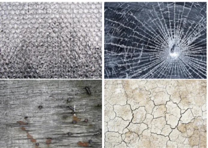 Figure 6. Macros of the four textures available for ex- ex-ploration: bubble wrap (top-left), broken glass (top-right), wooden board (down-left), cracked ground (down-right).