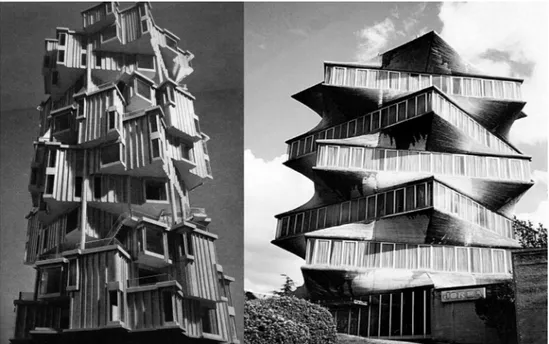 Fig. 1. eclecticismo español e italiano. analogías: Paolo Por- Por-toghesi, proyecto de torre en Santa Marinella, 1964; Manuel  Fisac, “La Pagoda”, 1965-1970.