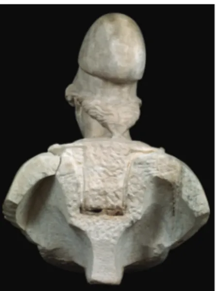 Fig. 8. Massimiliano  Ciammaichella, Gabriella  Liva, busto di Atena,  ricostruzione della  originale testa romana,  proiezioni parallele,  rendering del modello  numerico, 2020.