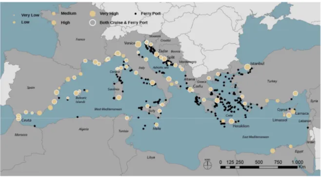 Figure 8. Identified Mediterranean passenger ports and the cumulative level of T&amp;A enablers