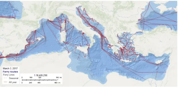 Figure 9. Mediterranean passenger ferry network by the European Atlas of the Seas. 