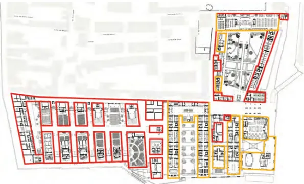 Fig. 6 - General plan for the new university campus. The perimeter of the original walls is shown in red and the  new masonry envelope in yellow.