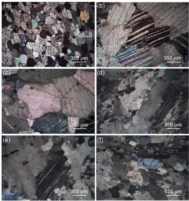 Figure 9. Photomicrographs in crossed polarized light showing the typical miscostructures of the analysed marbles: (a)  Carrara marble, SS112, (b) Thasos marble, SS34, (c) Paros marble, SS35, (d) Lesbium marble, SS63, (e) Lesbium marble 