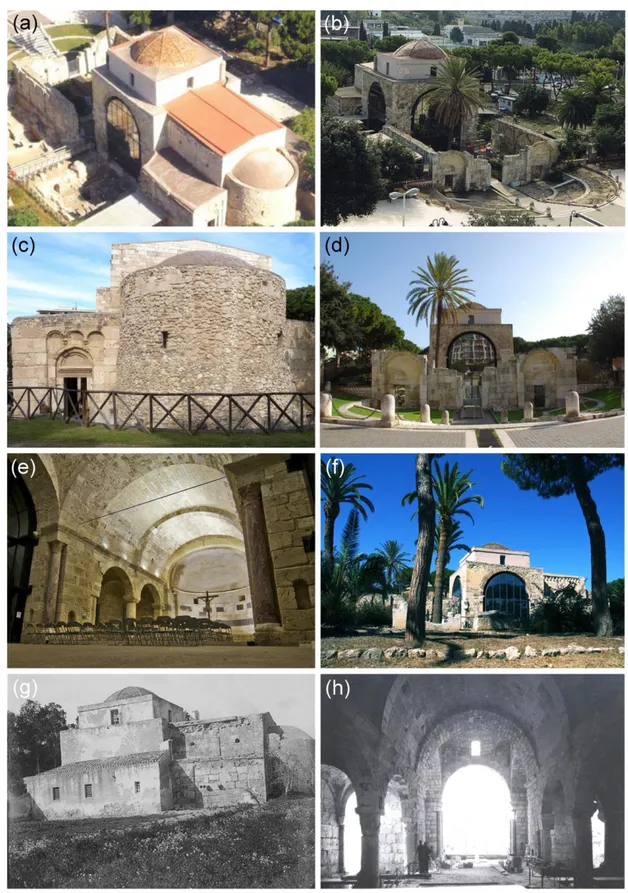 Figure 1. St. Saturnino Basilica: (a) aerial view from South-East, (b) aerial view from north-west, (c) main apse from  external yard, (d) the façade, (e) inner main nave in year 2006, (f) south side of Basilica from buffering area, (g) St
