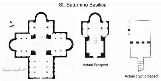 Figure 2. The plants of St. Saturnino Basilica in year 1119 and 2017.