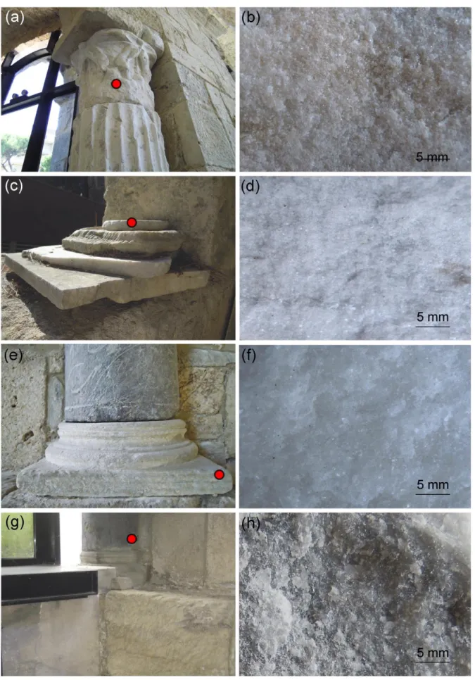 Figure 5. Sampling points of marbles (on the left column) with macroscopic features (on the right column): (a,b) sample  SS70a, (c,d) sample SS112, (e,f) sample SS34, (g,h) sample SS36.