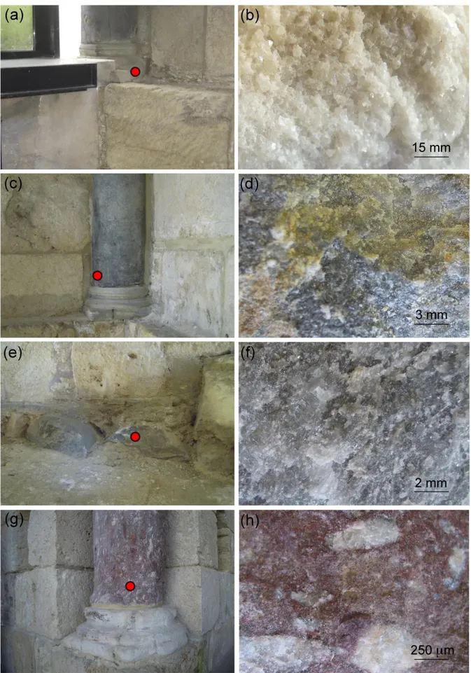 Figure 6. Sampling points of marbles (on the left column) with macroscopic features (on the right column): (a,b) sample  SS35, (c,d) sample SS33, (e,f) sample SS63, (g,h) sample SS11