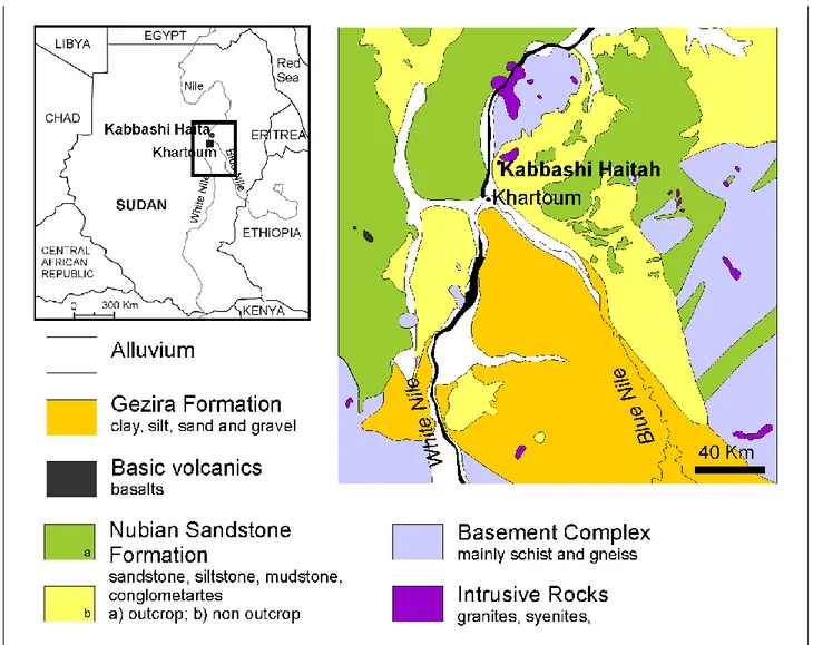 Figure 1.Geographic location of the Kabbashi Haita site (Khartoum, Sudan) and geological sketch of Central Sudan  (modified after Ministry of Energy &amp; Mining, Geological Research Authority of Sudan, 2004 and according to Dal Sasso 