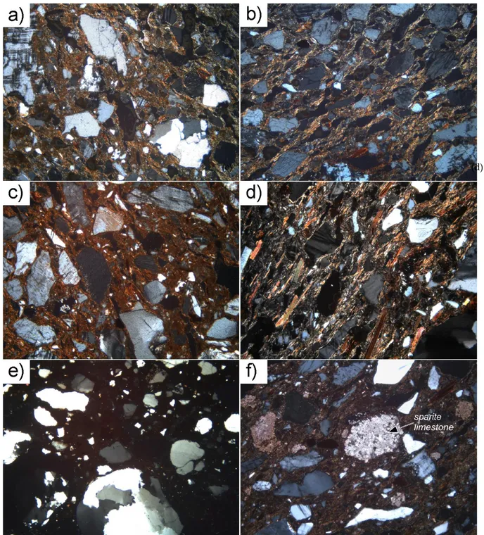 Figure 4. Photomicrographs of representative samples of petrographic sub-groups. Crossed polarized light; the long side  of each picture is 2,35 mm