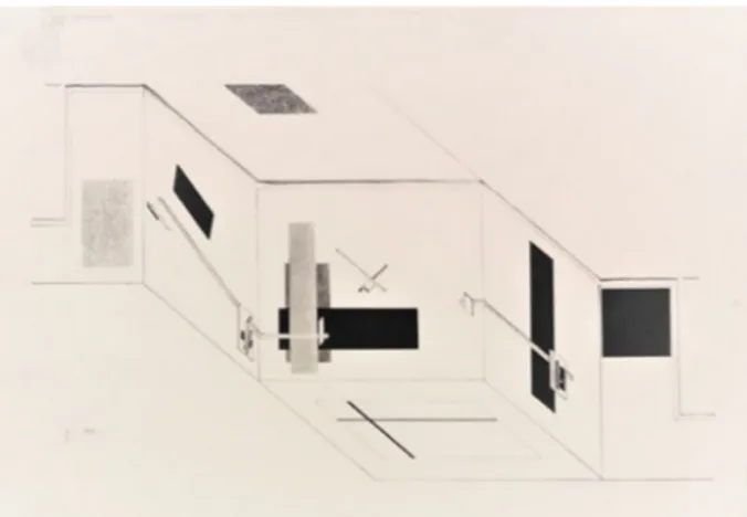 Fig. 1. El Lissitzky, grafico di progetto del Prounenraum alla Große Berliner  Kunstausstellung, assonometria cavaliera svolta, 1923; litografia su carta  pergamenata, 44 x 60 cm, 1a cartella Kestner, Stedelijk Museum, Amsterdam.