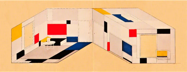Fig. 2. Piet Mondrian, grafico di progetto dello studiolo di Ida Bienert a Dresda, assonometria cavaliera svolta, 1926; gouache e matite su carta, 37 x 97 cm,  Staatliche Kunstsammlung Dresden.