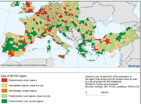 FIG. 2.  Territori a predominanza urbana o rurale (analisi svolta a livello NUTS3-provincia nel quadro del programma  europeo Espon)