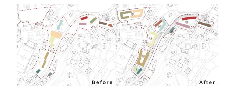 Figure 7.  Comparison between the original distribution of the neighborhood before the earthquake (left) and the rebuilding and 