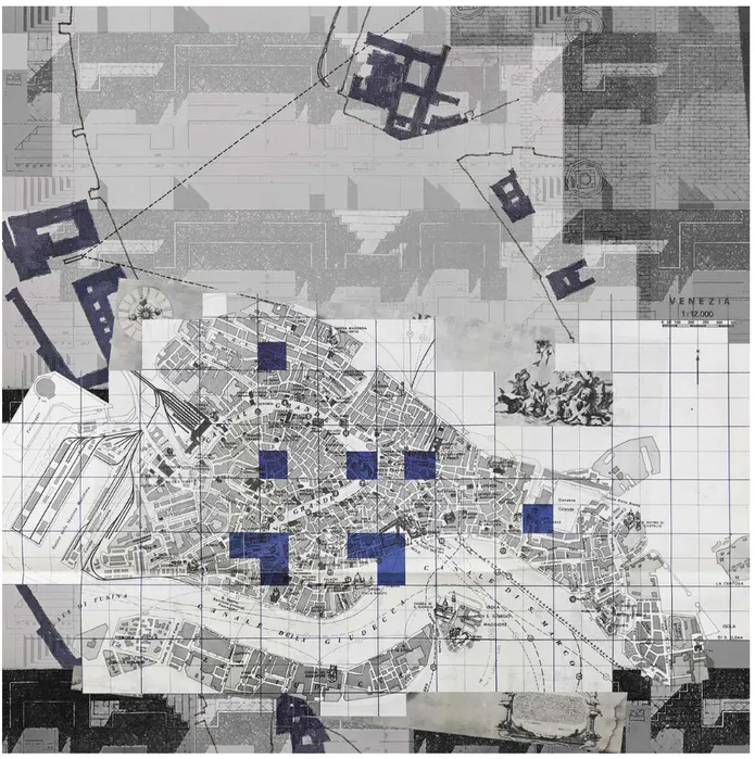 FIG. 4 Montage  edited  by  the  author  including:  an  historic  map  of  Venice  (Ludovico  Ughi, 1729) superimposed on the 200 square-meter grid; map of contemporary  Venice (1979) showing the blue squares for which the ephemeral architecture  project 