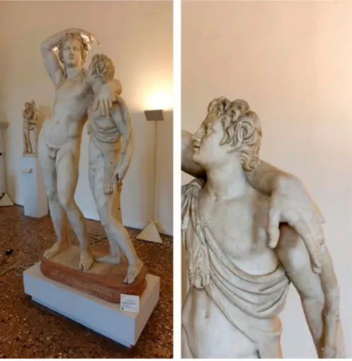 Figure 9. (left) The “Dionysus with Satyr.” (right) A detail of the marble statue.