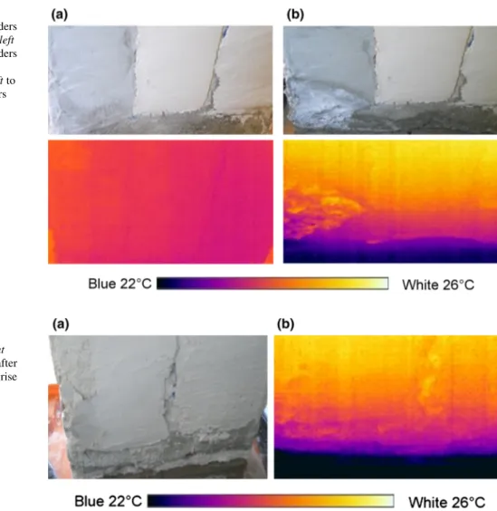 Fig. 4 Picture (a) and Thermograms (b) of the renders Left PR750, right PRcast applied on wall after the exposure to capillary rise of salt solution
